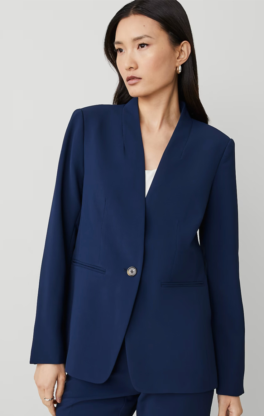 NEW ANN TAYLOR PURE SAPPHIRE PETITE LONG COLLARLESS FLUID CREPE BLAZER JACKET 2P